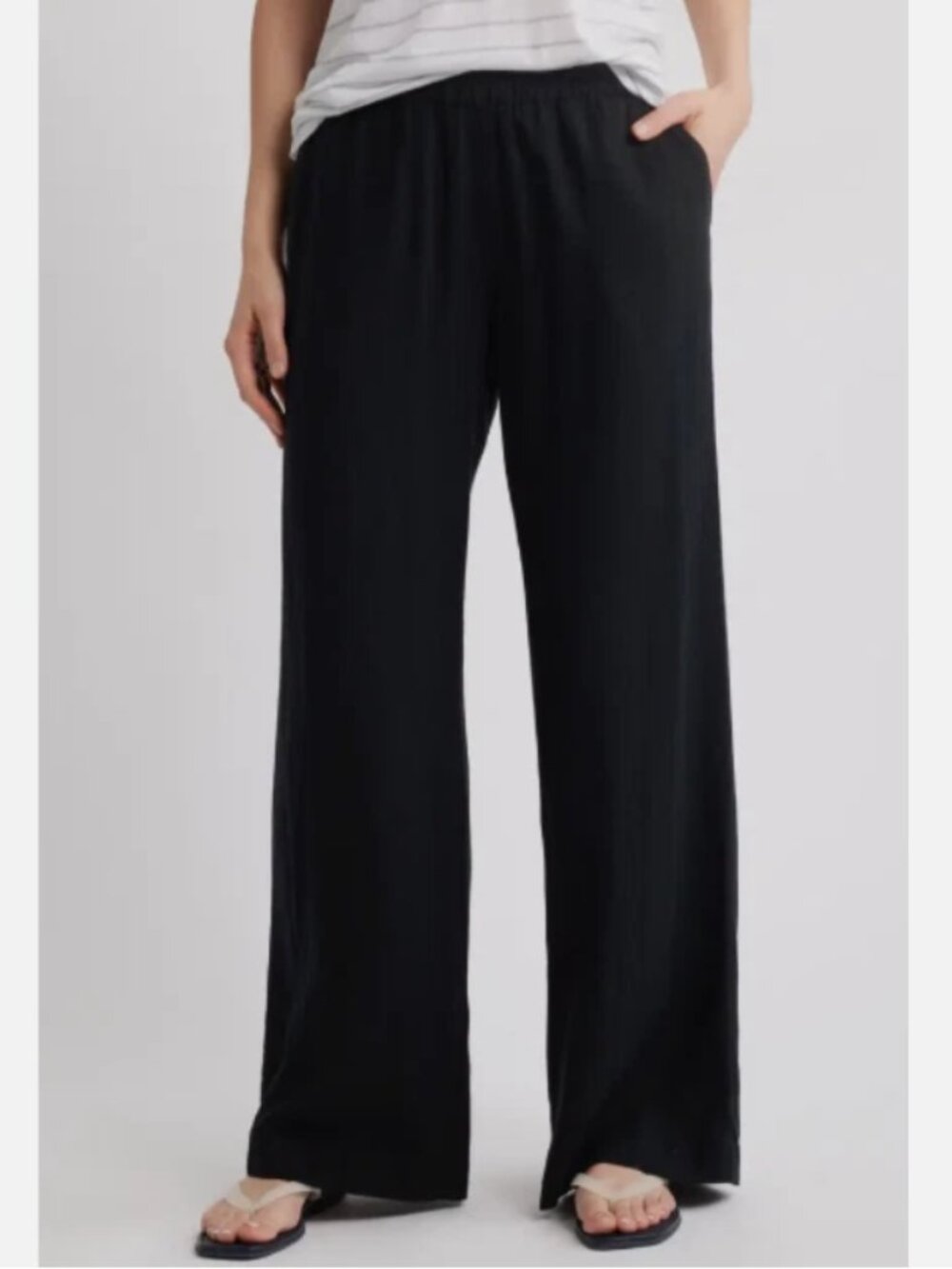 Caslon Wide Leg Pull-On Linen Blend Pants Petite - Black Size Large P